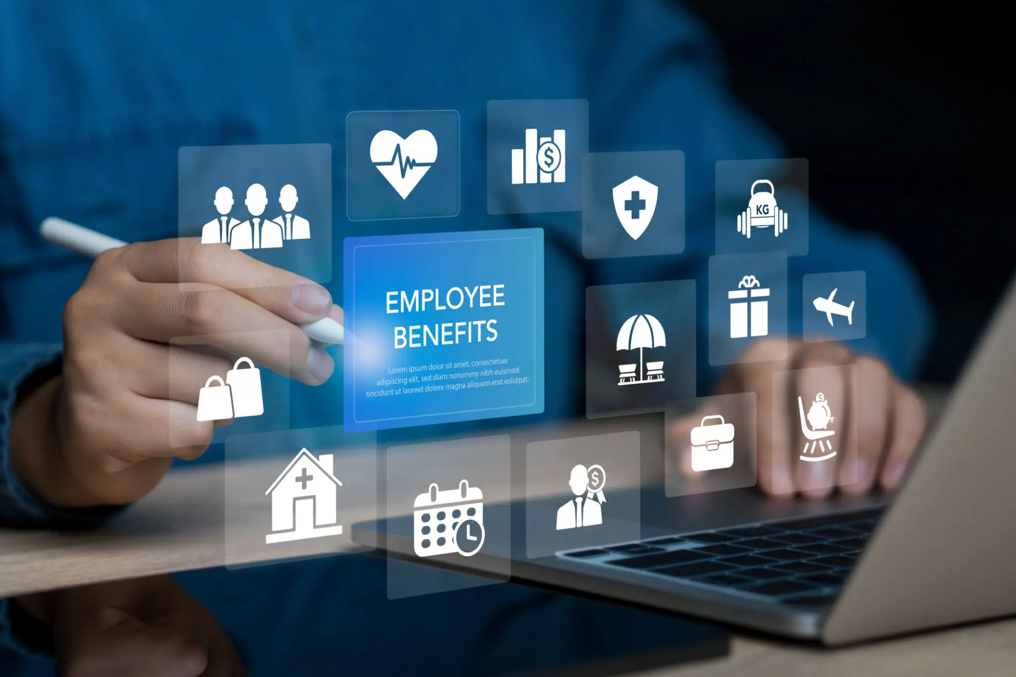 Hand selecting employee benefits icons on laptop